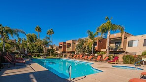 Relax by the clear pool surrounded by palm trees and lounge chairs.