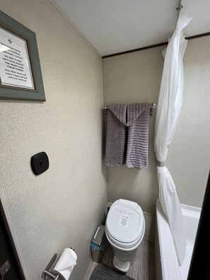 Combined shower/bathtub, hair dryer