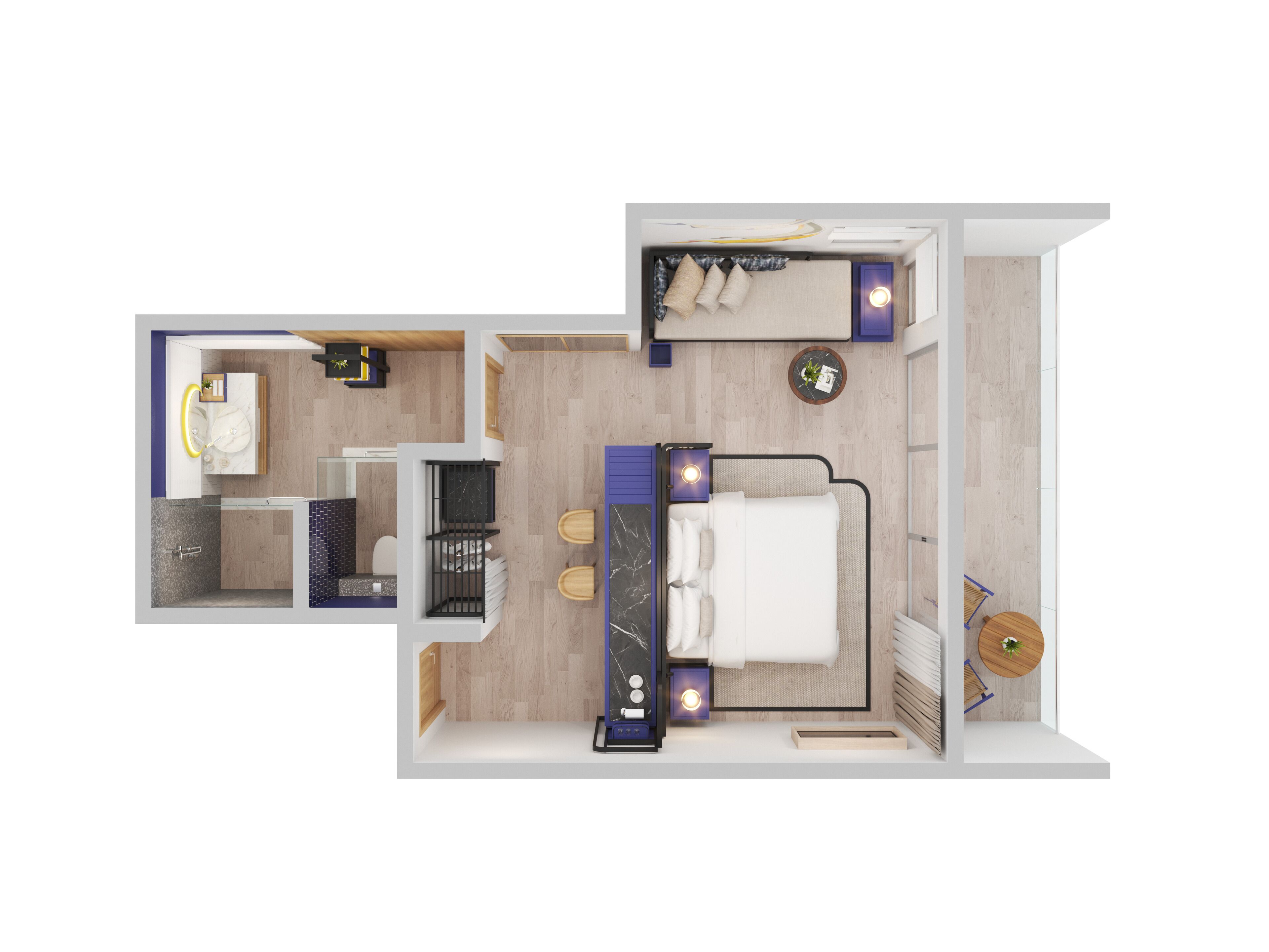 A 2-bedroom apartment layout with a kitchen, bathroom, and a small balcony.