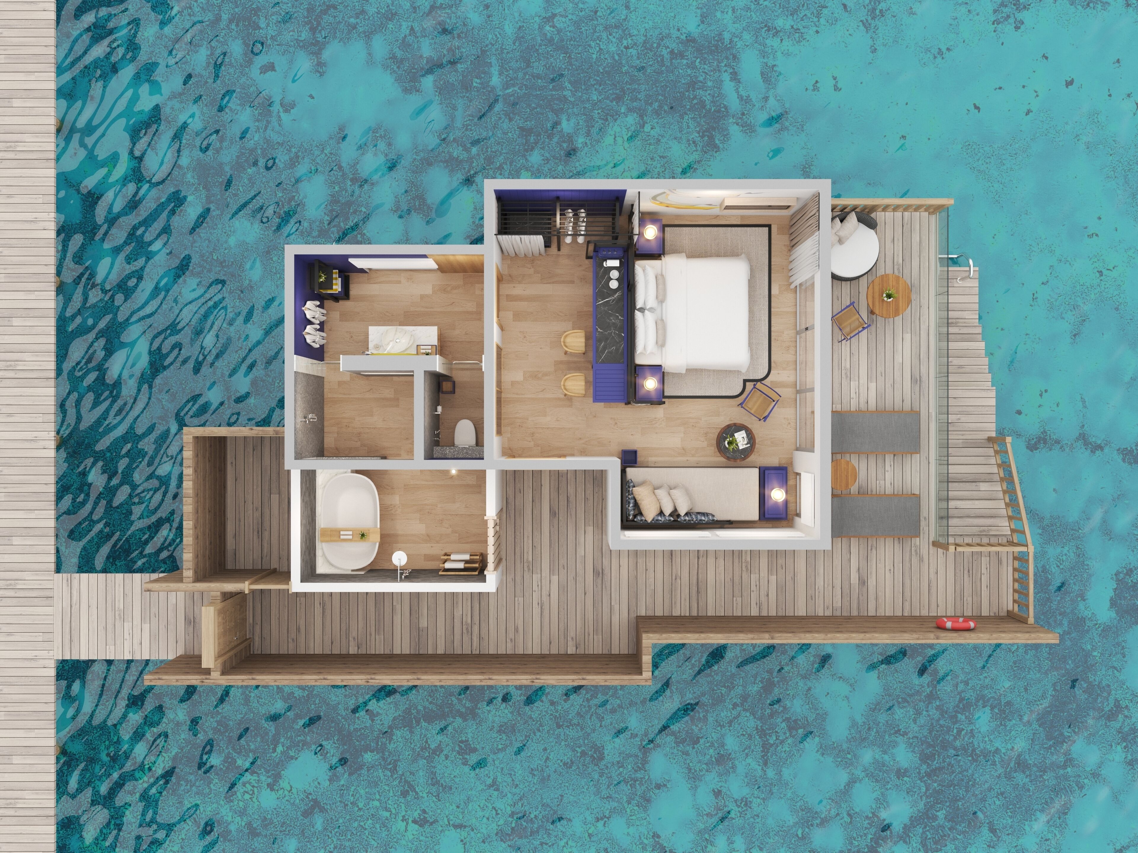 Vista cenital de una habitación de hotel con terraza de madera, baño, dormitorio con cama y zona de estar, y un pequeño balcón.