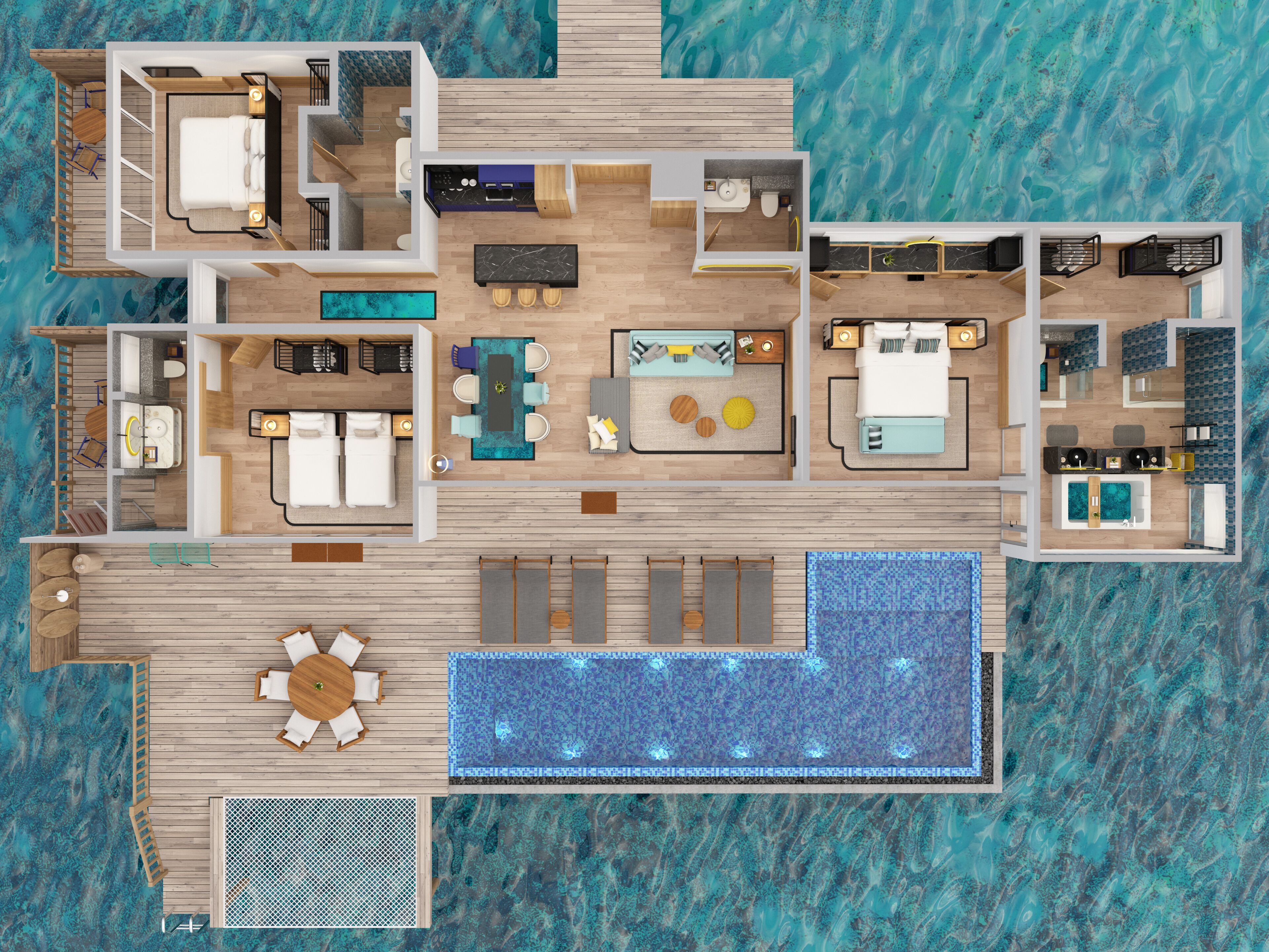 A resort with multiple bedrooms, a kitchen, a dining area, a pool, and a lounge area.