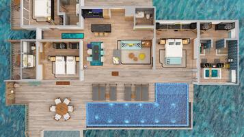 A resort with multiple bedrooms, a kitchen, a dining area, a pool, and a lounge area.