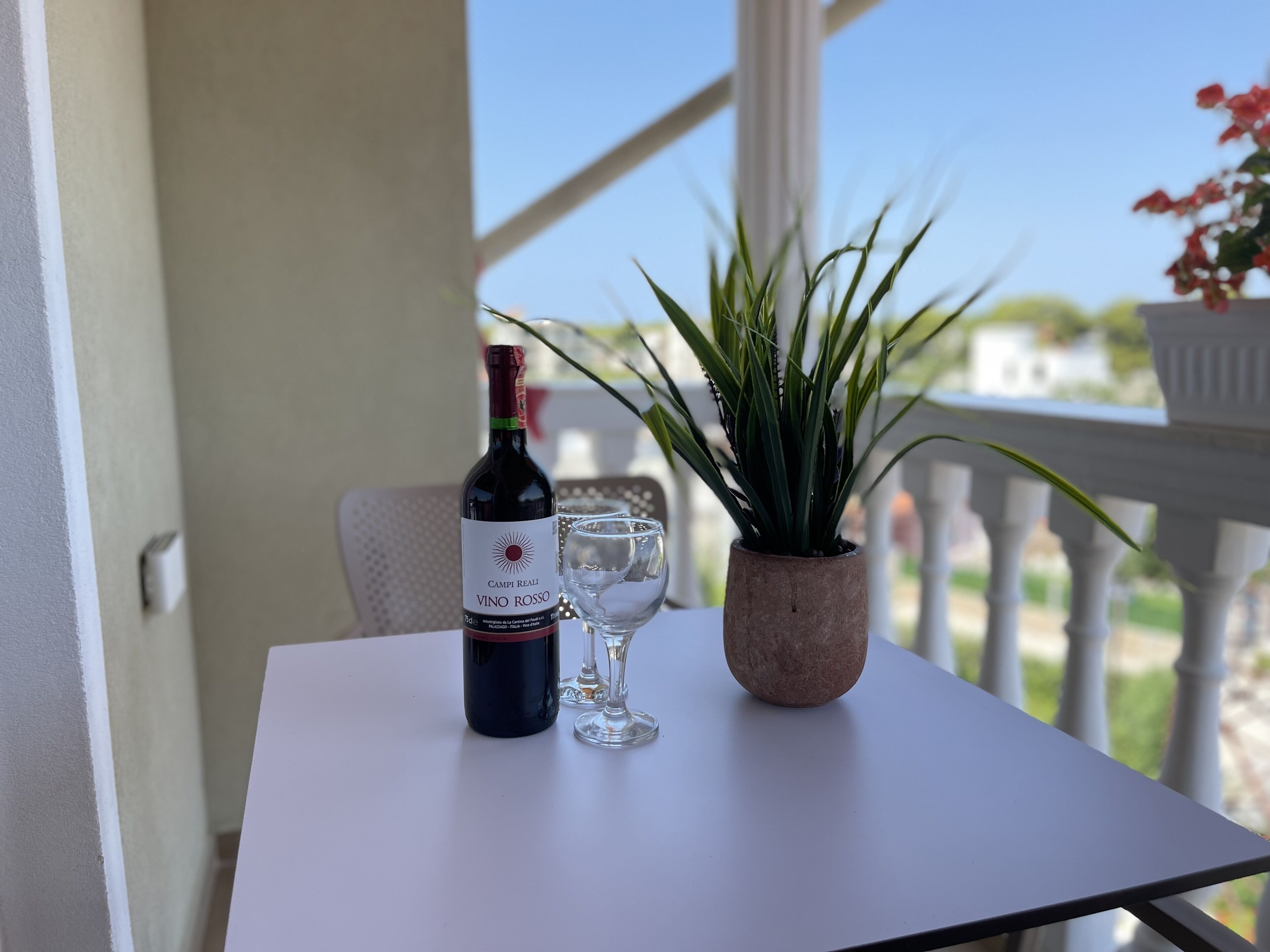 Una mesa con una botella de vino, dos copas de vino y una planta en maceta.