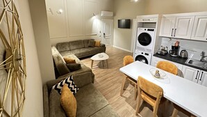 Ein modernes Wohnzimmer mit einer Couch, einem Esstisch und einer Küchenzeile inklusive Waschmaschine.