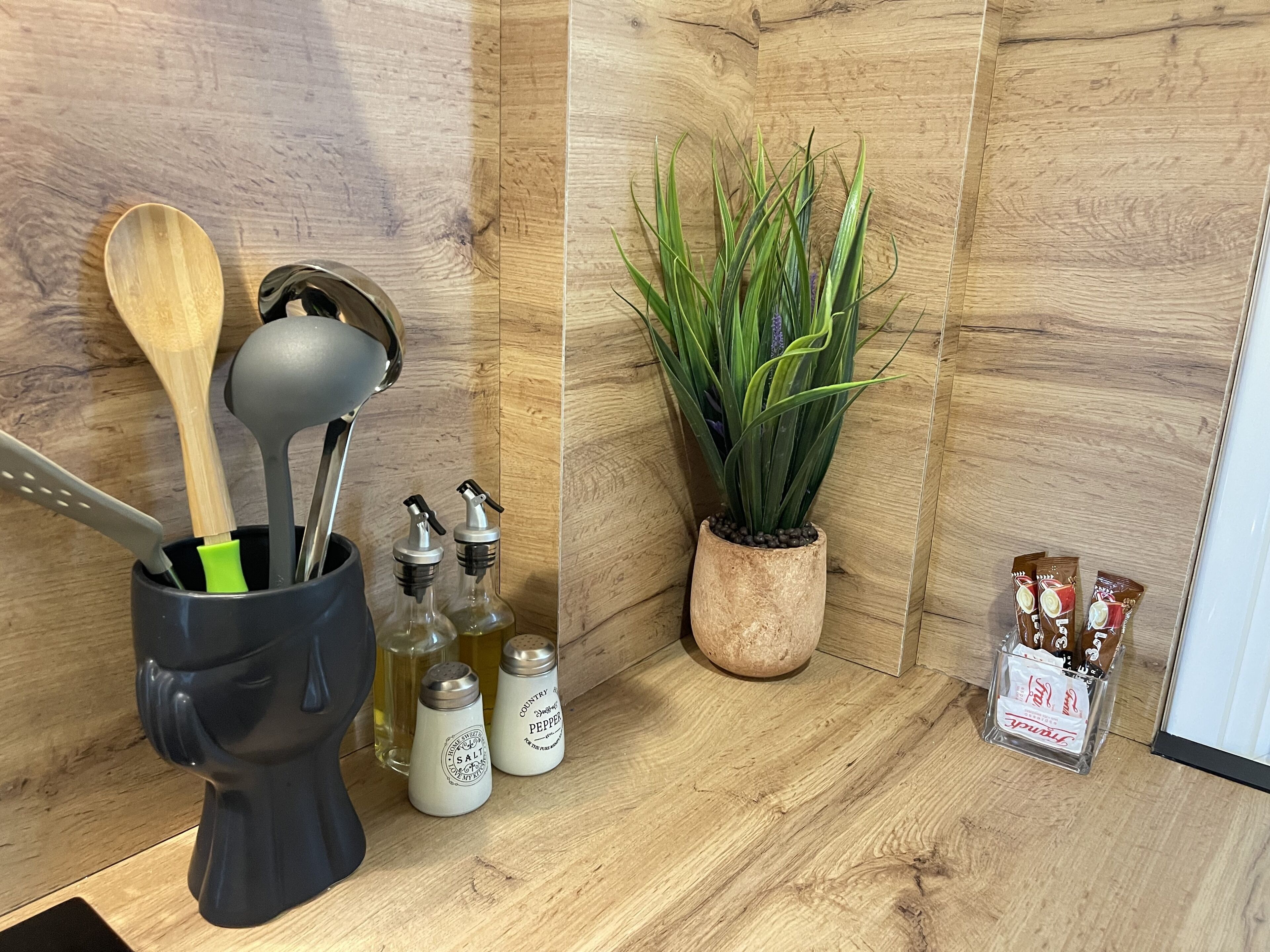 A kitchen counter with wooden cabinets, a plant, salt and pepper shakers, a pepper grinder, and a packet of coffee.