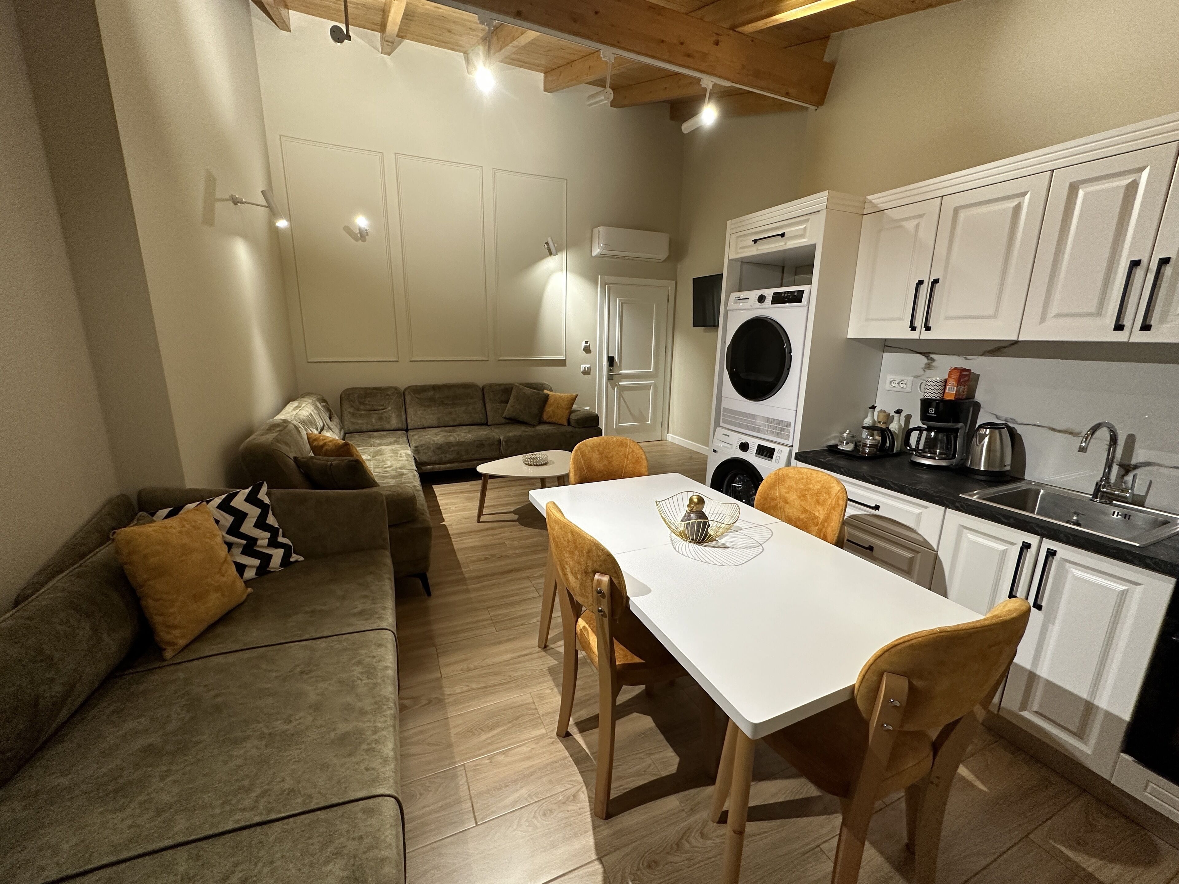 A compact living space with a sofa, a dining table, and a kitchen area including a washing machine.