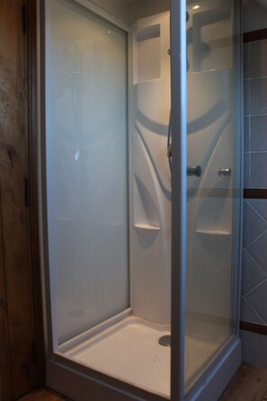Shower, hair dryer, soap, toilet paper