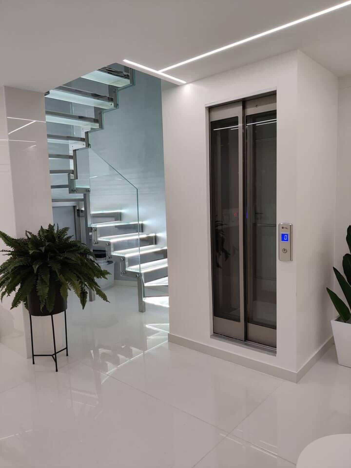 Een modern interieur met een glazen trap, een lift en potplanten.