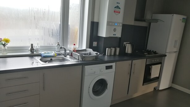 A modern kitchen with a built-in dishwasher, a stove, and a refrigerator.