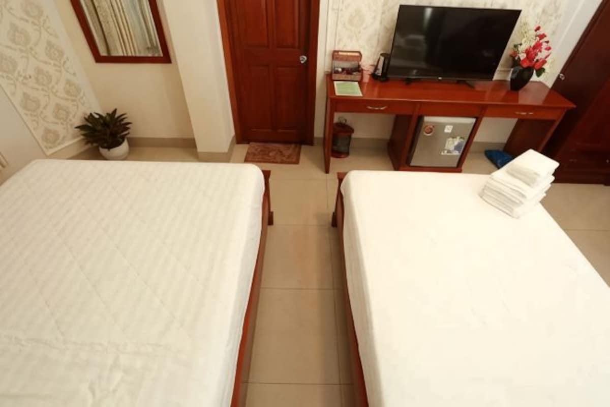 Une chambre d’hôtel avec deux lits, un bureau avec une télévision, une petite plante et une lampe de bureau.