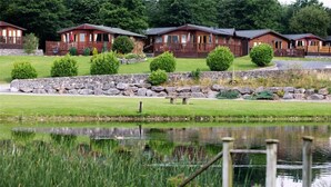 A row of wooden cabins with stone walls and a grassy lawn in front. - Lovely 3-bed House in Carnforth (Carnforth)
