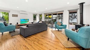 Télévision, cheminée, lecteur de DVD, livres