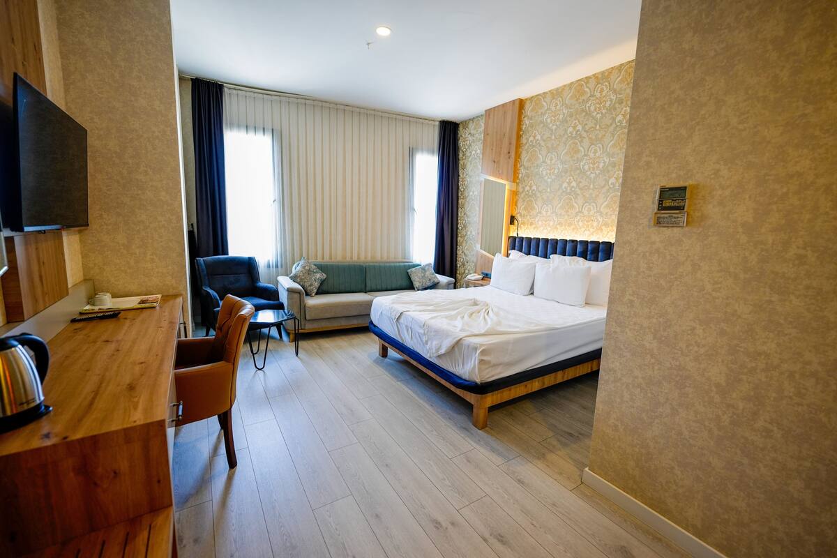 A hotel room with a bed, a desk with a chair, a sofa, and a television.