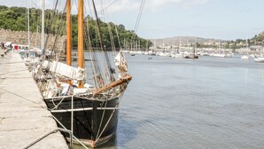 Un gran barco velero amarrado en un puerto con un muelle de piedra, rodeado de otras embarcaciones y un pueblo al fondo.