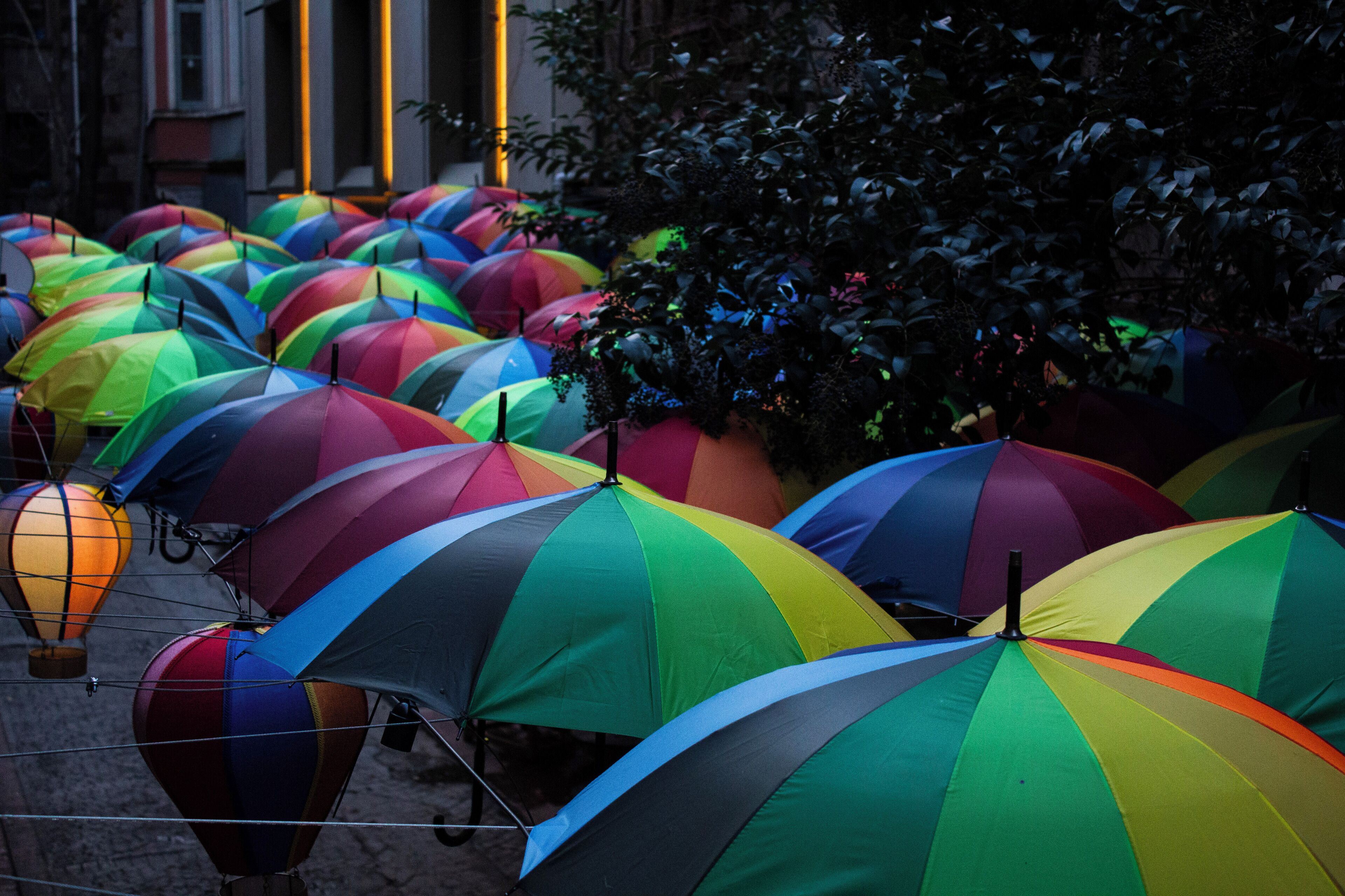 A row of colorful umbrellas lined up against a building.