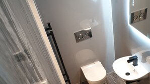A modern bathroom with a toilet, sink, and a mirror. - Stylish detached studio with a wet room, Satellite TV & other amenities 😀 (Bristol)