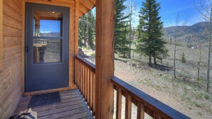 A wooden cabin with a dark door, a small porch, and a view of a forest and mountains. - Secluded Mountain Cabin - Pet Friendly - National Forest Access (Creede)