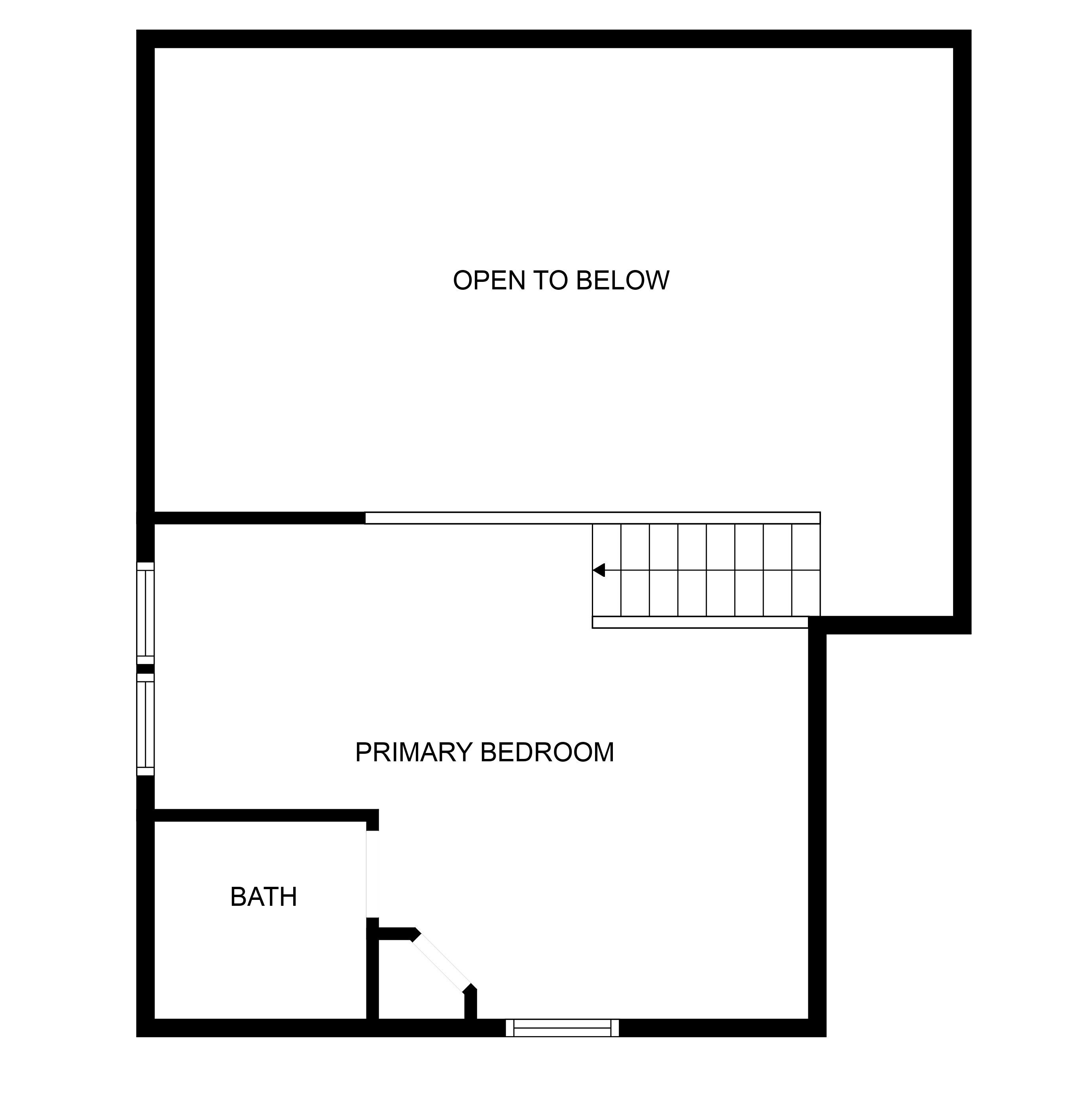 A floor plan with an open area labeled "OPEN TO BELOW," a primary bedroom, and a bath.