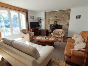 TV, DVD player, books, video library