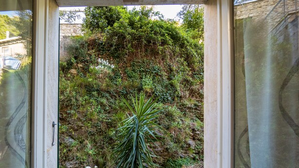 A doorway leading to a lush, green outdoor area with dense vegetation and a stone wall. - La Casa di Frida Family Apartment (Vernazza)