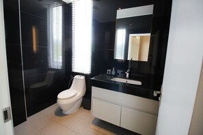 Shower, hair dryer, towels, soap