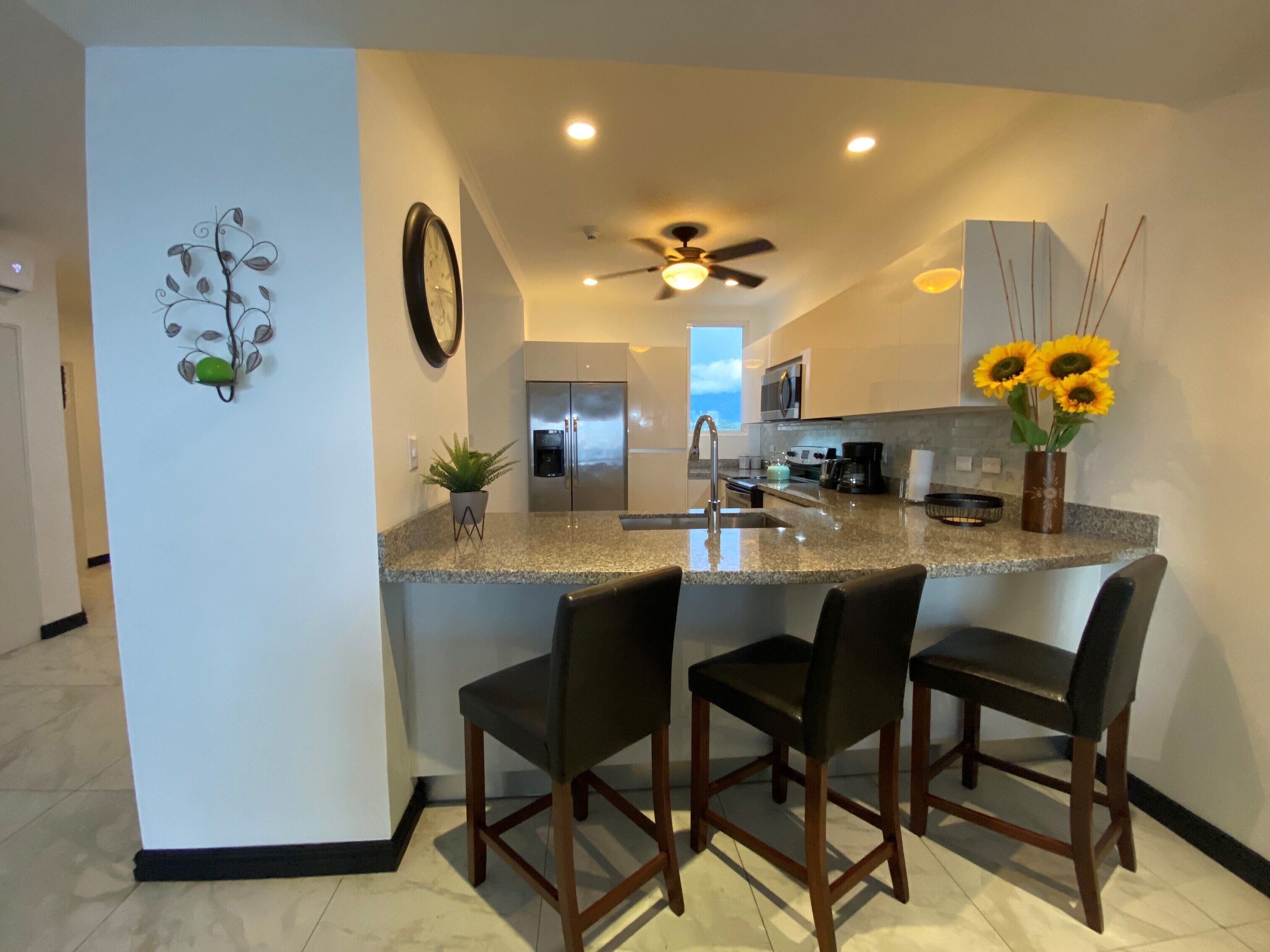 Coffee/tea maker, fridge, microwave, oven