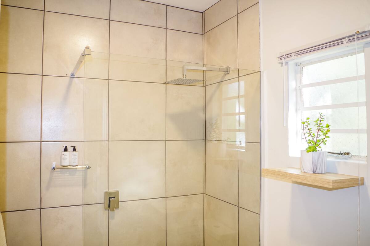 Un espace douche avec des murs carrelés, une paroi de douche en verre, une étagère contenant des articles de toilette et une fenêtre avec une plante.