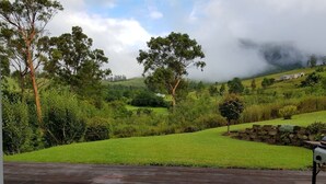 Une terrasse en bois offrant une vue sur un paysage verdoyant et luxuriant, avec des arbres et une maison située au loin.