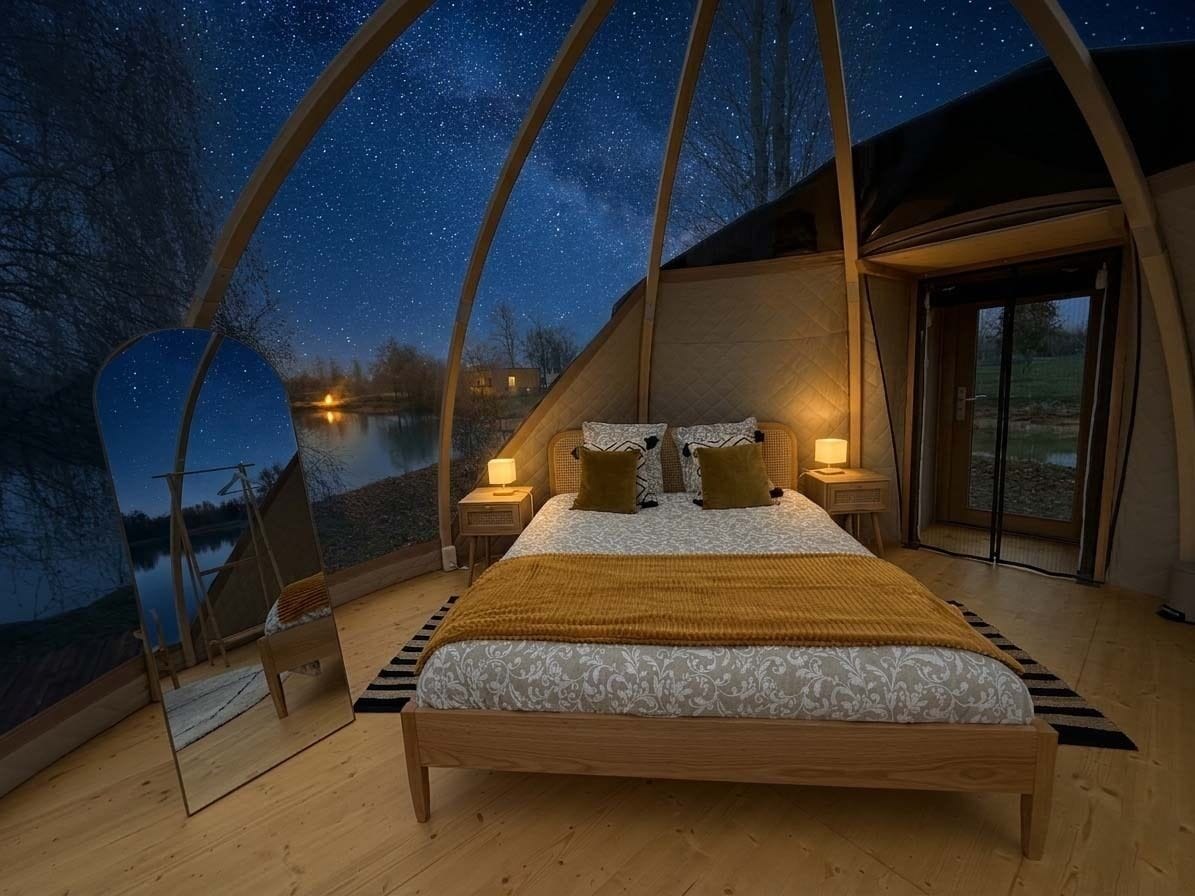 Un dormitorio con una cama grande, dos mesitas de noche, un velador, un espejo y vistas al cielo nocturno.