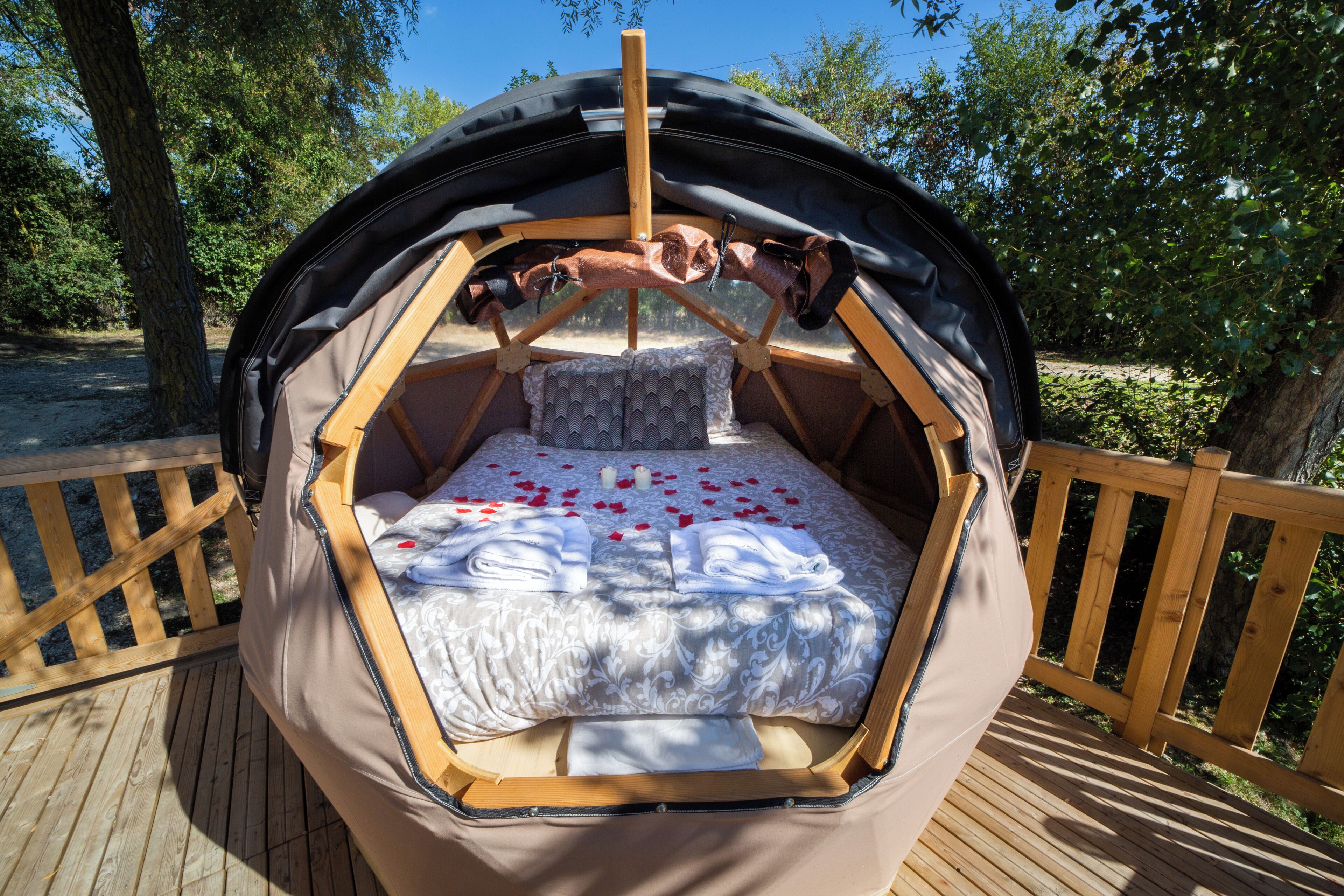 Un rincón acogedor para dormir, con cama, almohadas y dosel.