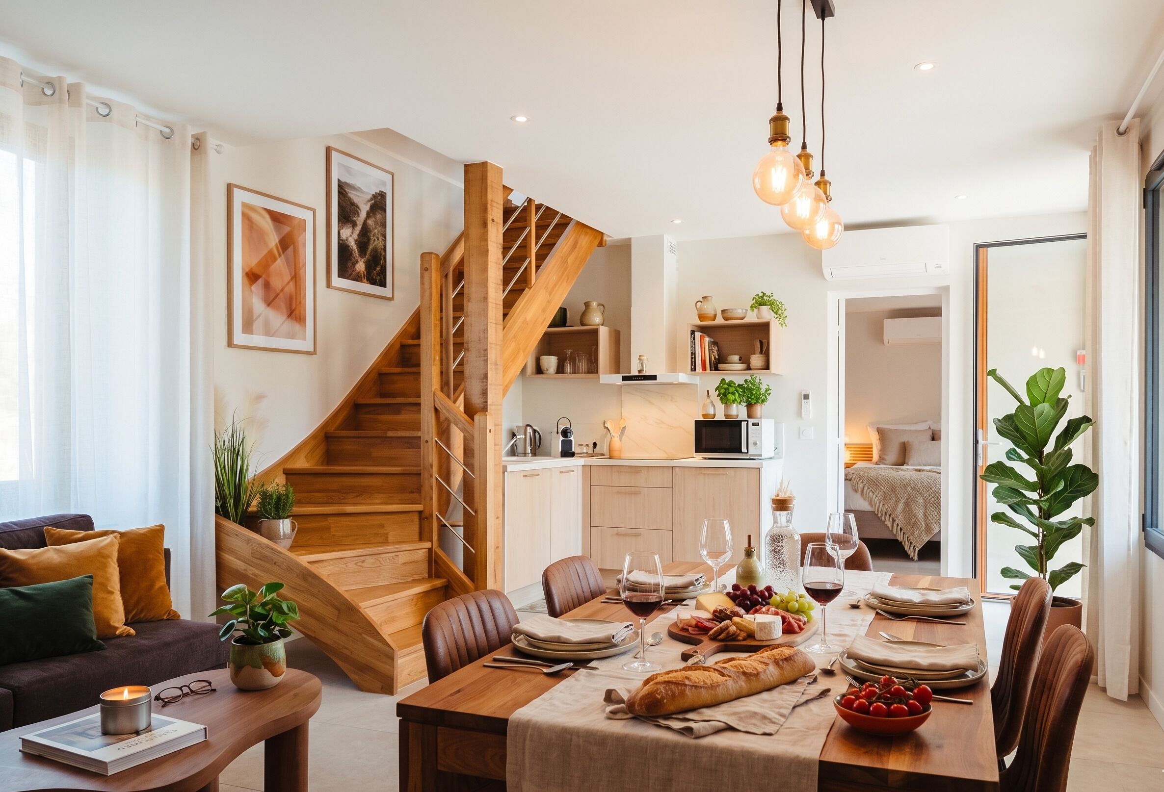 Een modern interieur met een houten trap, een eethoek met een gedekte tafel en een keuken op de achtergrond.