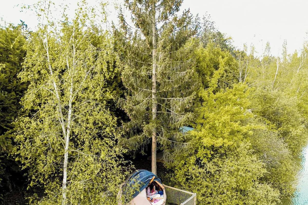 Una casa en el árbol con un pequeño balcón y un espacio cubierto, rodeada de abundante vegetación y una masa de agua.