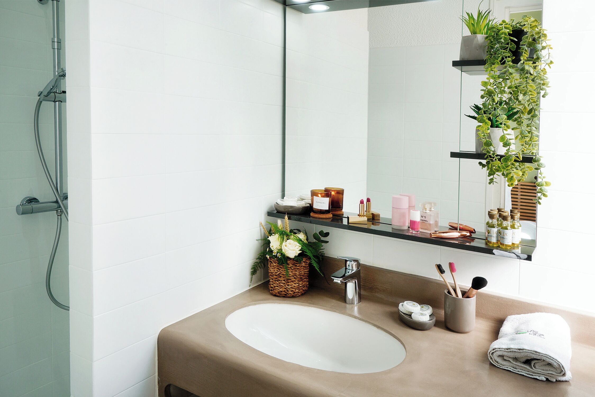 Un baño moderno con un lavamanos grande, un espejo y estantes con artículos de aseo y plantas.