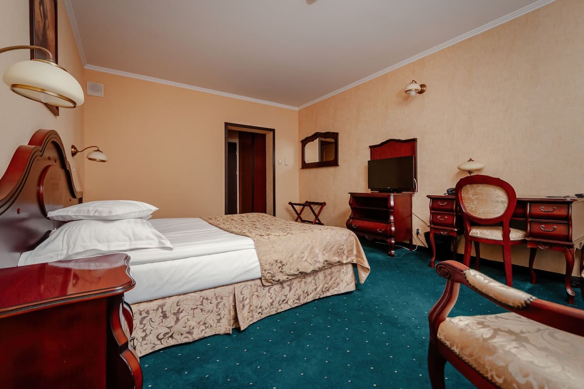 A hotel room with a bed, a desk, a chair, a television, and a wardrobe.
