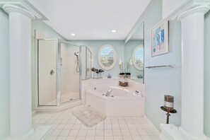 Combined shower/bathtub, jetted bath, hair dryer, towels - BEACHFRONT CONDO WITH OUTDOOR POOL! (Gulf Shores)