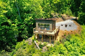 Relax on the elevated deck with seating, taking in the serene forest views and river scenery.