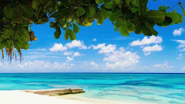 Une plage aux eaux turquoise et limpides, au sable blanc, avec un bateau qui se profile à l’horizon.