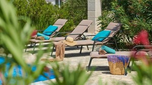 A poolside area with lounge chairs and a wicker basket. - Villa Sonia with private pool, 4 bedrooms and beautiful garden (Stari Grad)