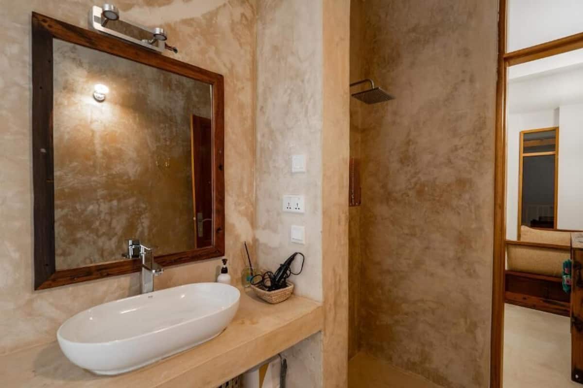Douche, articles de toilette de luxe, serviettes fournies, savon