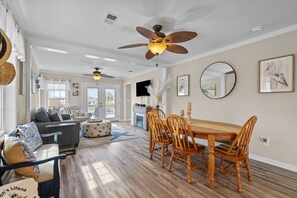 Smart TV, fireplace, table tennis, books
