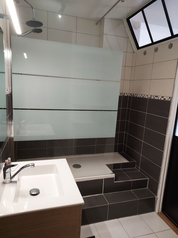 Dusche, Haartrockner, Handtücher, Seife