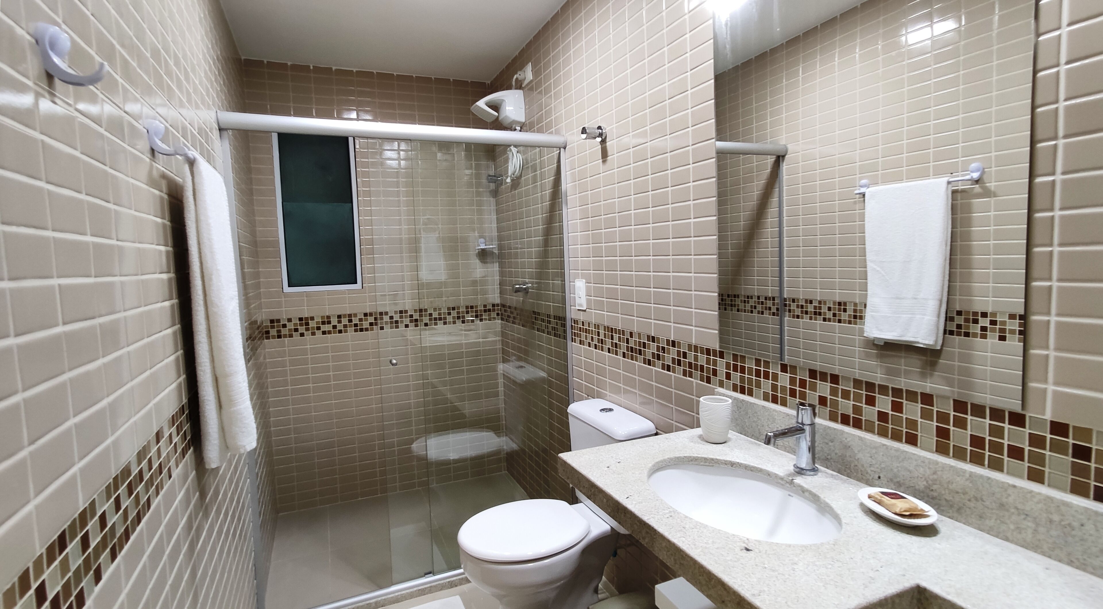 A bathroom with a glass-enclosed shower, a toilet, a sink, and a mirror.