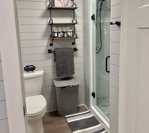 Combined shower/tub, hair dryer, towels, soap
