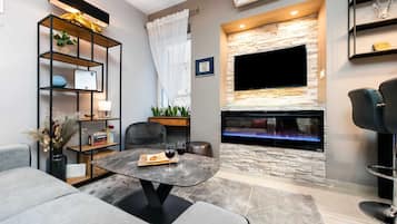 TV, fireplace, smart speakers