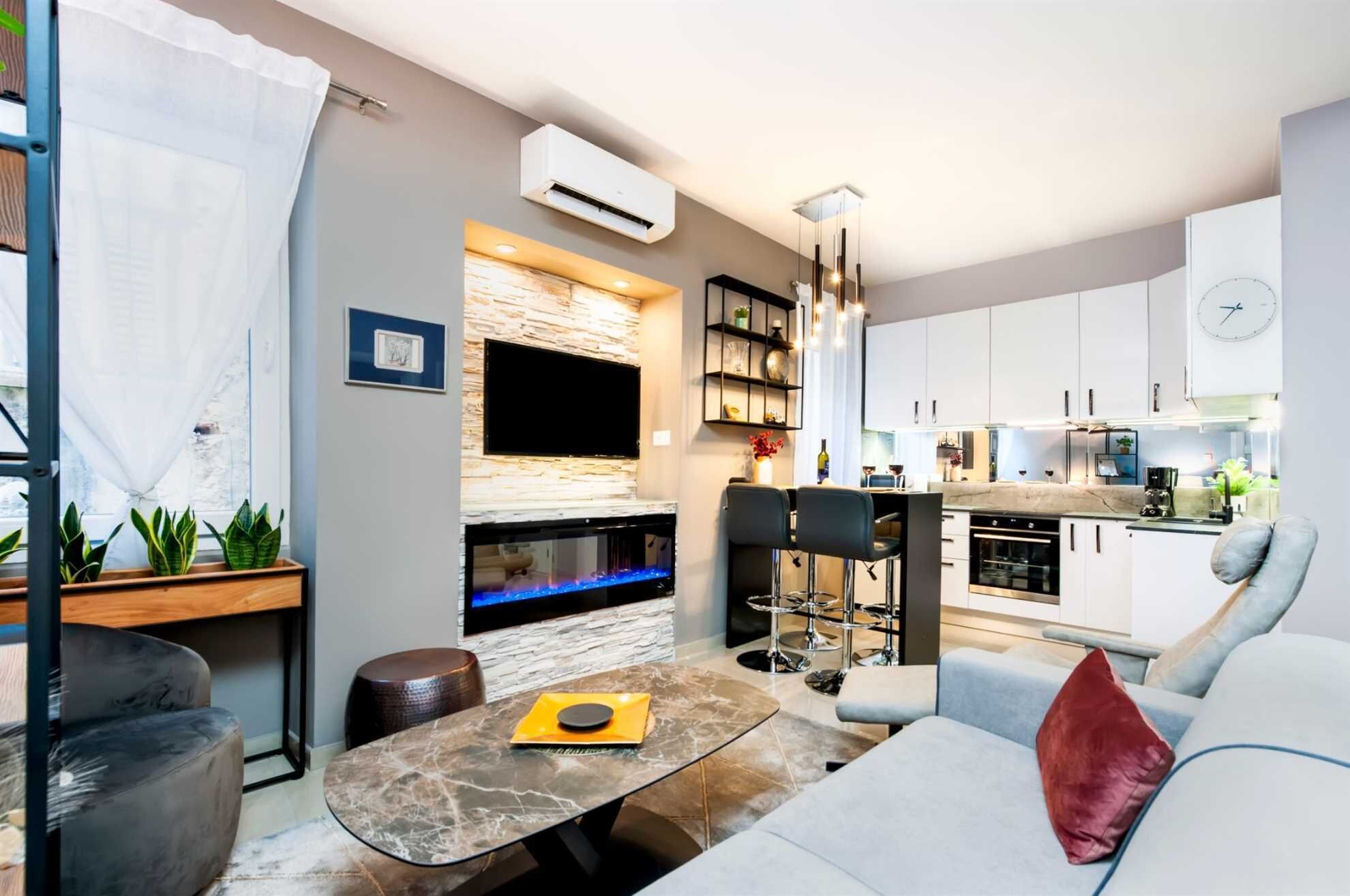 TV, fireplace, smart speakers