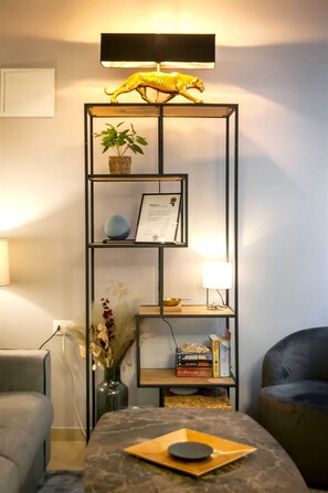 TV, fireplace, smart speakers