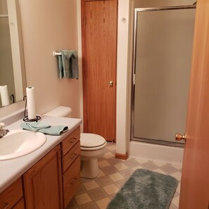 Shower, hair dryer, towels, soap