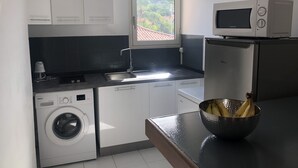 Une cuisine compacte équipée d’un lave-linge, d’un four à micro-ondes et d’un évier.