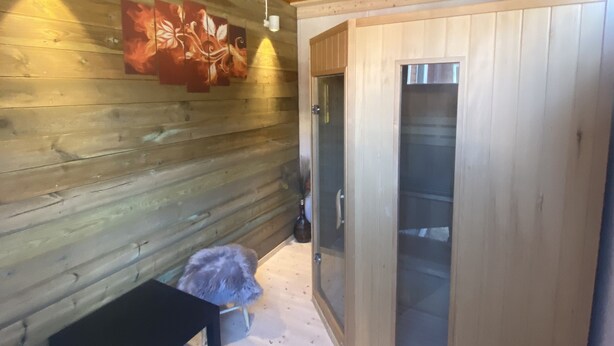 Een houten interieur met een bank, een sauna en een deur naar een andere ruimte.