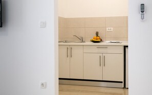 Compact kitchen with a modern design, featuring a sink, countertop, and integrated dishwasher.